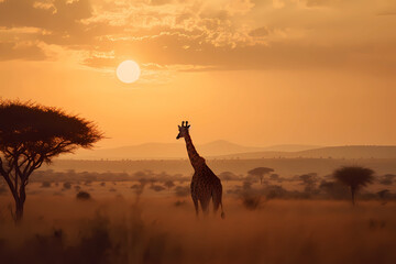 Peaceful landscape of African savannah during sunset