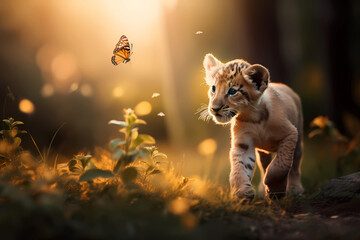 Cute little lion cub chasing a butterfly