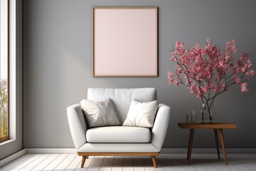 empty white frame mockup inside the room. The room is decorated minimalistic with a chair, flower vase, and elegant interior.