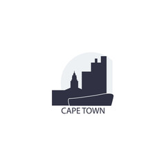 Naklejka premium South Africa Cape Town cityscape skyline capital city panorama vector flat modern logo icon. African emblem idea with landmarks and building silhouettes at sunset sunrise