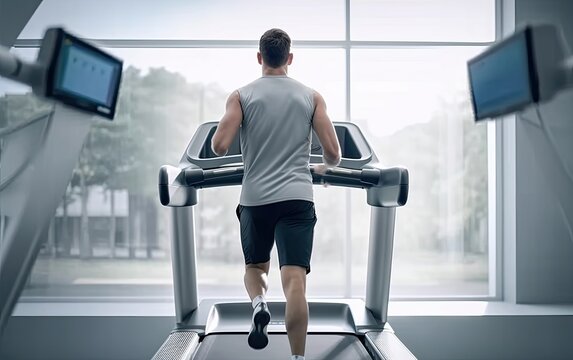 Young sports man runs on treadmill indoor, back view, generative ai