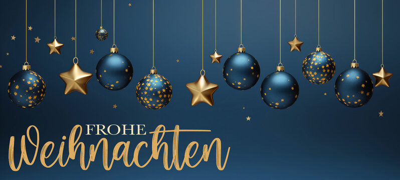 Frohe Weihnachten, festliche Gru&szlig;karte mit deutschem Text &ndash; H&auml;ngende goldene und blaue Christbaumkugeln auf dunklem blauem Hintergrund (Generative Ai)
