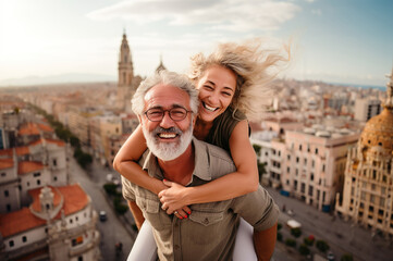 AI generated image of happy mature senior couple in the city