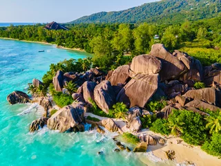 Foto auf Acrylglas Anse Source D'Agent, Insel La Digue, Seychellen Anse Source d'Argent beach, La Digue Island, Seyshelles, Drone aerial view of La Digue Seychelles bird eye view.of tropical Island