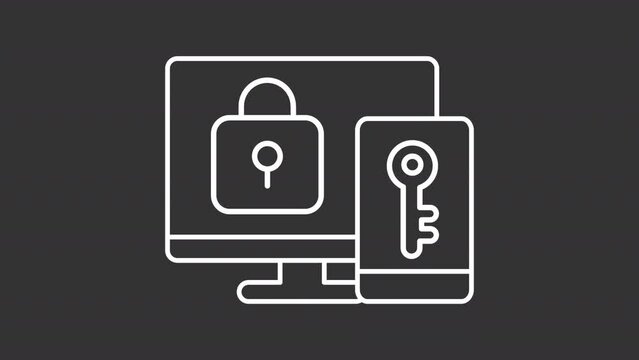 Authentication white line animation. Key inside phone opens lock on computer desktop animated icon. Multi factor. Isolated illustration on dark background. Transition alpha video. Motion graphic