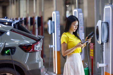EV charging an electric car.Power supply for electric car charging. Socket for electric car battery...