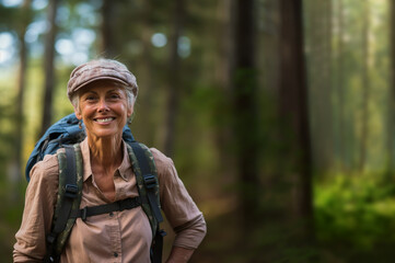 AI generated image of attractive mature senior woman on hiking