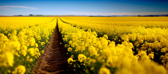Seemingly endless field of yellow mustard plants in bloom