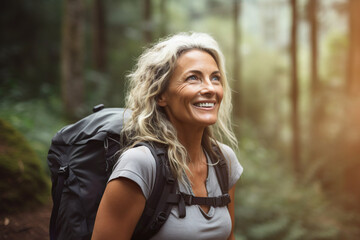 AI generated image of attractive mature senior woman on hiking