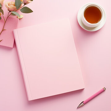 empty pink diary with coffee cup on pink background in pastel colors