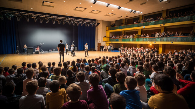 Community and shared experiences - a panoramic view of a school assembly hall during an event