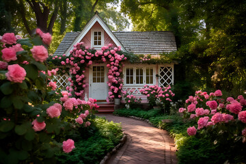 Fototapeta na wymiar cozy fairy tale pink and white house, ai generated