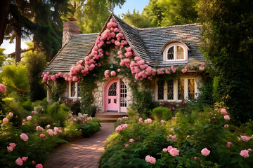 cozy fairy tale pink and white house, ai generated