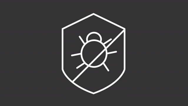 Antivirus white line animation. Caught bug on shield animated icon. Computer security. Data protection. Online privacy. Isolated illustration on dark background. Transition alpha video. Motion graphic