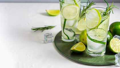 Homemade lime lemonade with cucumber, rosemary and ice, white background. Cold beverage for hot summer day. Copyspace.