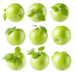 Juicy green apples rich set, whole with green leaves, tails, different sides isolated on white background. Summer fresh natural fruits as design elements.