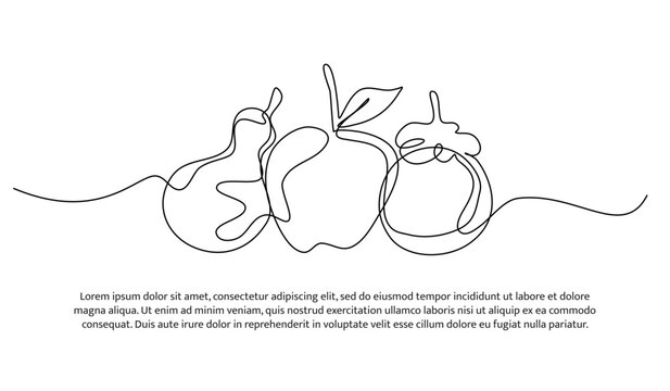 Pear, apple and mangosteen one continuous line design. Fruits symbol design concept. Decorative elements drawn on a white background.