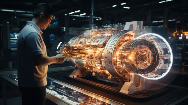 Technician repairing jet engine with modern technology. Aircraft maintenance mechanic. - Powered by Adobe