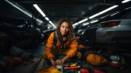 Fototapeta na wymiar Portrait of a female mechanic sitting in a car repair shop.