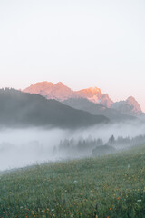 Morning view of Zugspitze at a foggy sunrise at Geroldsee, Bavaria Germany