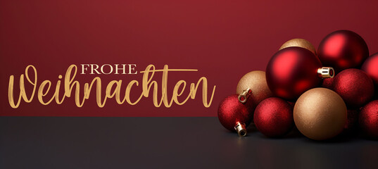 Frohe Weihnachten, festliche Grußkarte mit deutschem Text – Goldene und rote Christbaumkugeln, mit rotem Hintergrund (Generative Ai)