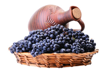 Basket with grapes wine isolated
