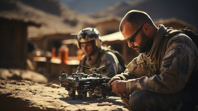 Mobile military base in desert, soldier with robotic drone machine. Concept of smart war by robots.