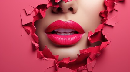 Fototapeta premium Beautiful plump bright lips in the style of red and pink, conceptual pop, cut/ripped into the slit of colored paper.