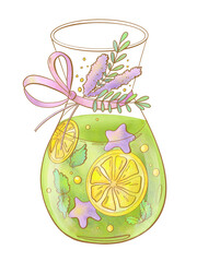 set color illustration cartoon sketch menu lemonade recipe drink summer green alcohol cocktail with citrus berries in a jug advertising design element stickers