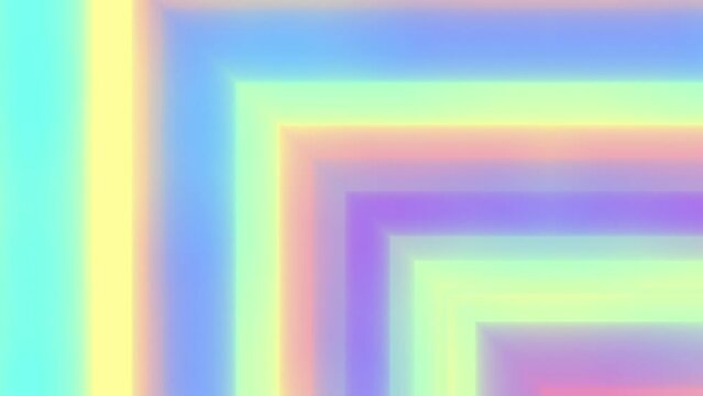 Moving from top left to bottom right corner spectrum rectangles. Square frame motion. Pastel neon glow rainbow striped background. Light green yellow orange aqua blue pink purple geometric backdrop