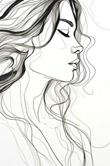 A woman drawn with one continuous Line black ink line art generative AI