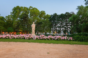 Beautiful park in Siofok on the shore of Balaton lake with walking area and blossoming roses at...
