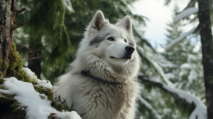 Fototapeta premium Majestic Alaskan Malamute in Snow-Covered Forest