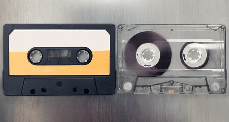 Naklejka premium Old retro cassette tape set on desk
