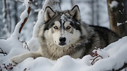 Obraz premium Majestic Alaskan Malamute in Snow-Covered Forest