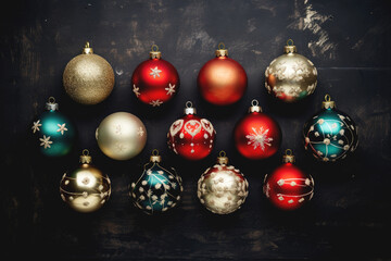 Christmas baubles ornaments and decorations on elegant dark background. View from above