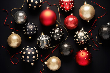 Christmas baubles ornaments and decorations on elegant dark background. View from above