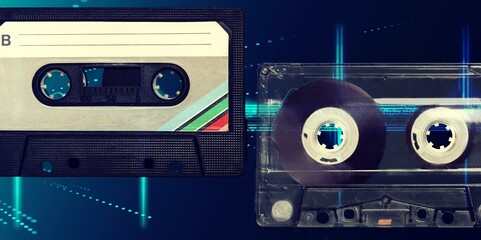 Old retro cassette tape set on desk