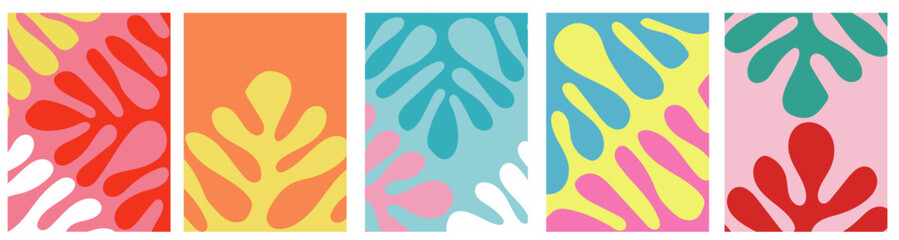 collection of modern simple bright minimalistic abstracts. Colored geometric shapes are hand-drawn on the background