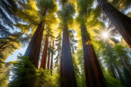 A captivating image of the towering redwood forest canopy, filtered with soft sunlight