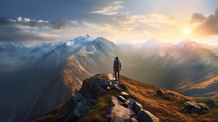Hiking up mountain peak at sunrise success achieved - obrazy, fototapety, plakaty
