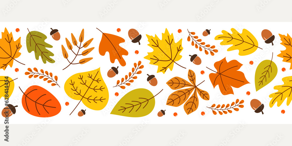 Poster horizontal seamless background with colorful autumn leaves. vector illustration.