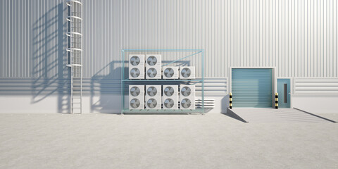 3d rendering of condenser unit or compressor outside factory plant. Unit of ac air conditioner, heating ventilation or hvac air conditioning system. Include fan, coil and pump inside for heat and cool