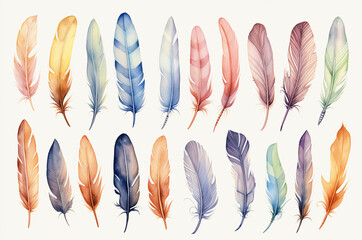 Watercolor set of bird feathers. Parrot feathers. Boho feathers