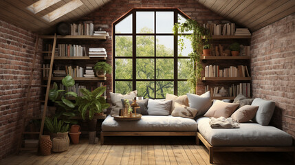 A charming reading nook with a built-in brick bookshelf and a plush parquet floor Generative AI