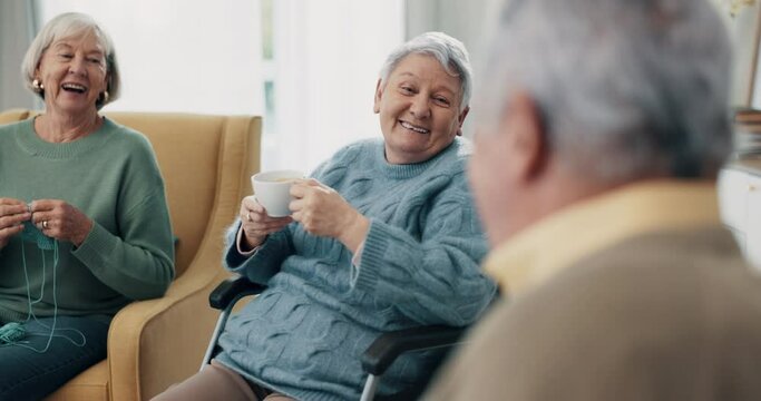 Discussion, happy and elderly friends talking, bonding and relaxing together in the living room. Conversation, laughing and senior people in retirement speaking about gossip in lounge at nursing home