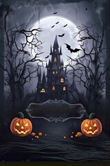 Halloween background illustration - mystery castle, pumpkin jack lanterns, full moon in horror night. Dark scary tree, spooky house silhouette