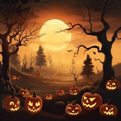 Halloween background illustration - mystery castle, pumpkin jack lanterns, full moon in horror night. Dark scary tree, spooky house silhouette