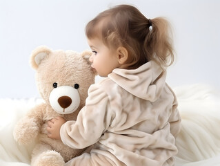 Cute little girl and her toy teddy bear. Friendship, best friend concept.