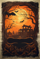 Halloween background illustration - mystery old house, spooky bats, scary trees, full moon in creepy night design.